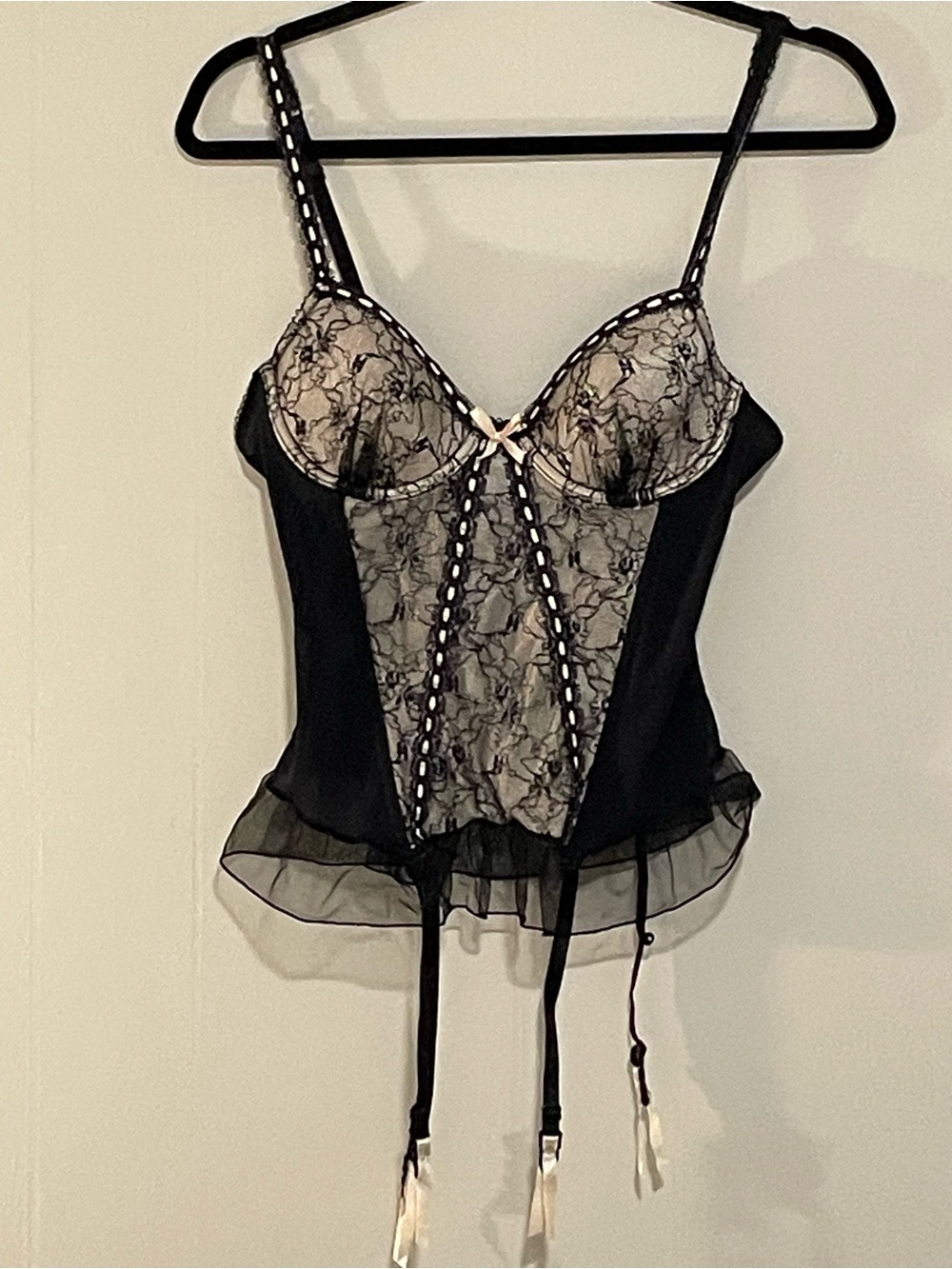 Black Lace Bustier with Sheer Ruffle Hem